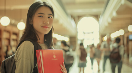 Female asian college student holding backpack and books, standing in university hallway, some others students in the background. Eductation theme, back to school theme.