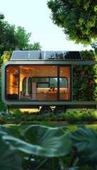 Render a sleek, sustainable tiny house with solar panels and a green roof using clean lines and vibrant digital colors