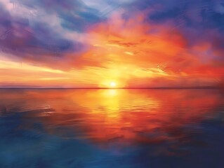 Obraz premium Capture a striking, tilted angle view of a serene sunset over a picturesque horizon Utilize warm, radiant hues in a digital painting style