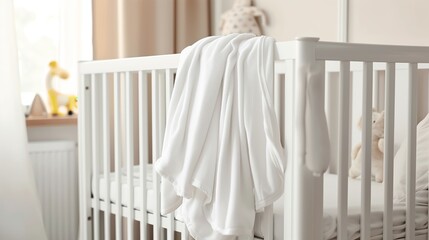 White small fleece blanket hanging over a baby crib