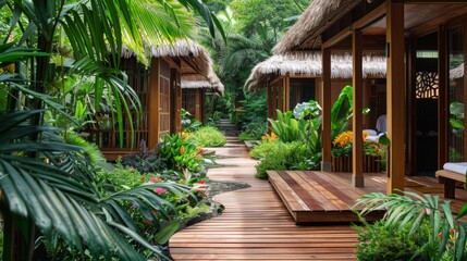 The spa garden with wooden paths, surrounded by exotic plants and flowers.