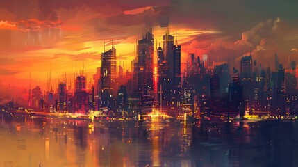 Naklejka premium Reversed skyline, contemporary architecture, bright city lights, artistic urban landscape, dreamy atmosphere, twilight
