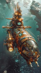 A steampunk submarine explores the depths of the ocean. The submarine is made of brass and copper and has a large propeller. The submarine is surrounded by rocks and coral.