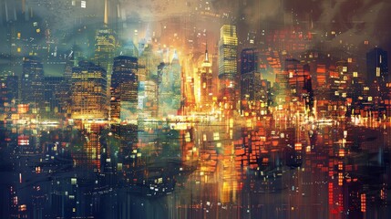 Reversed skyline, contemporary architecture, bright city lights, artistic urban landscape, dreamy atmosphere, twilight