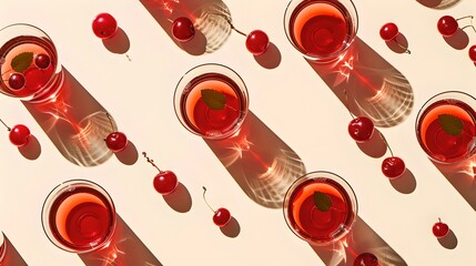 Artistic display of red juice in clear glasses with cherries on a patterned surface. Ideal for food and drink themes. Vibrant and colorful composition. AI