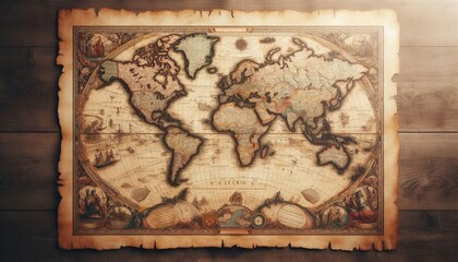 old world map on golden vintage paper texture background
