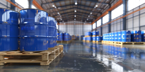 Barrels of Chemicals on Pallets in Warehouse, Ready for Industrial Delivery, Blue drum pallets with liquid chemicals in warehouse ready for delivery to customer Chemical production for industrial use.