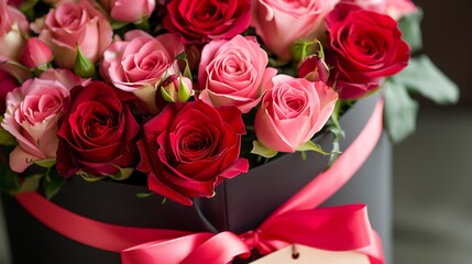 Lovely bouquet of pink and red roses with a blank gift tag with copy space and red ribbon in a circular black box