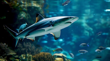 Majestic Shark Swimming Gracefully in a Serene Underwater Scene. Vivid Marine Life, Ideal for Educational and Decorative Use. Oceanic Predator in Natural Habitat. AI