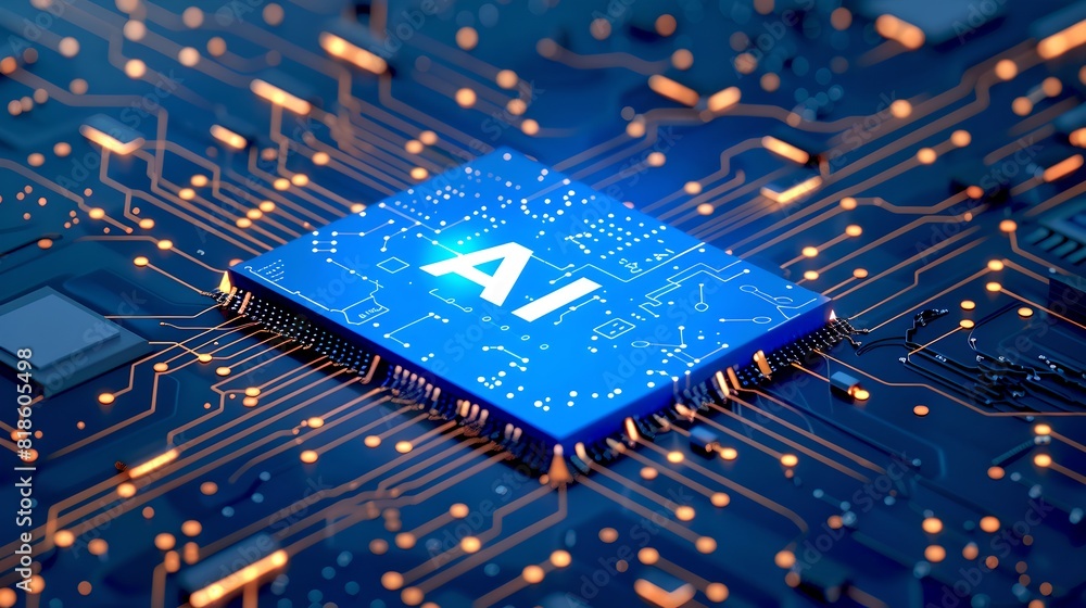 Poster futuristic ai microchip on circuit board. technology and innovation concept. close-up of an artifici