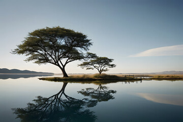 A quiet and surreal lake with reflections of trees
