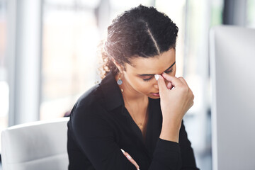 Businesswoman, computer and headache pain or with stress or burnout for mental health, tired or...