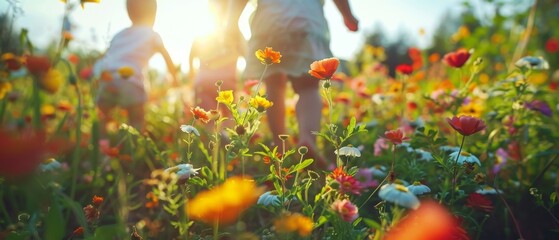 Two children are running through a field of flowers