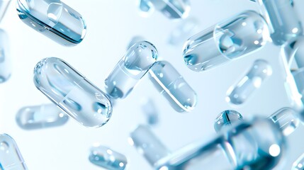 Transparent capsules in motion on blue backdrop, hinting health and science. Close-up of medical capsules. AI generated image. Healthcare concept. AI