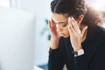 Businesswoman, computer and hand for stress headache or burnout pain for tired, mental health or...