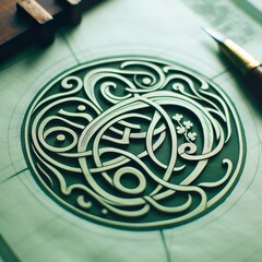Skillful Artist’s Hand Etching Intricate Swirl Designs with Precision on Green Canvas Amidst Woodcutting Tools