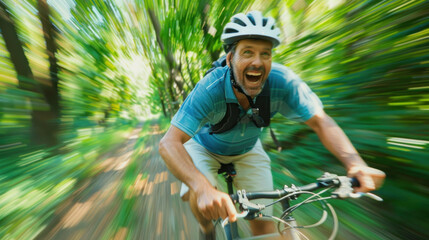 A man biking with enthusiasm through a lush green park, highlighting the joy of cycling