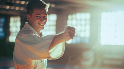 Smiling man in karate gi performing a punch with sunlight streaming through dojo windows - Powered by Adobe