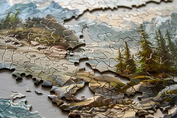 Fototapeta premium A partially completed jigsaw puzzle featuring a beautiful landscape scene of mountains, a river, and trees.