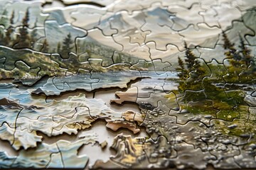 A partially completed jigsaw puzzle featuring a beautiful landscape scene of mountains, a river, and trees.