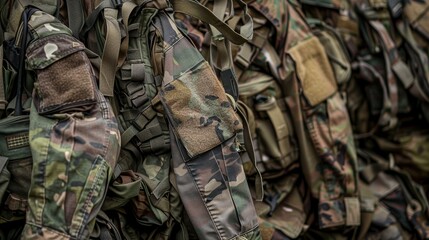 Pile of soldiers' uniforms in close-up, mixed camouflage styles, detailed fabric and badges, highly textured