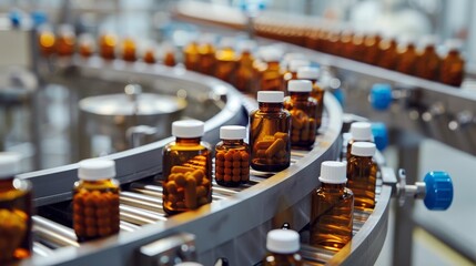 Pharmaceutical production line with conveyor belt, rows of pills and medicine bottles, close-up, meticulous detail, modern lab setting