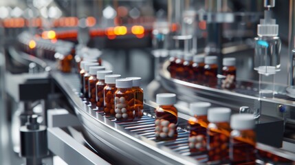Pharmaceutical production line with conveyor belt, rows of pills and medicine bottles, close-up, meticulous detail, modern lab setting