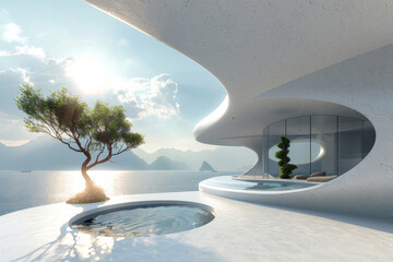 Modern buildings by the lake. Empty architectural background.
