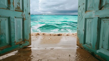 Open door to a turquoise beach, sandy path leading to the water, rainy day with overcast skies, reflections on wet sand