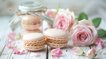 Two tasty French macarons and a jar with beautiful roses on a white wooden background