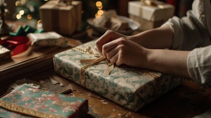 Nostalgic scene of gift wrapping, highlighting the use of vintage paper, ribbon, and glue tape, with a close-up on the hands working meticulously