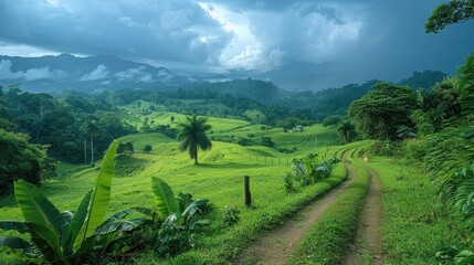 The lush green landscape of the jungle scene