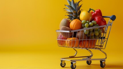The background of the shopping cart is adorned with a vibrant image of fresh juicy fruits, Generated by AI