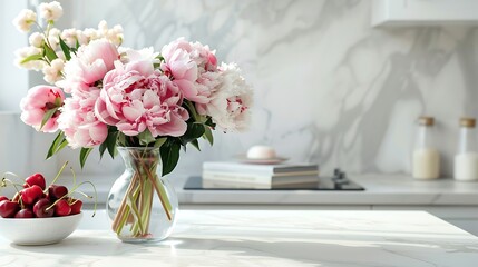 white kitchen counter with bouquet of beautiful peony flowers in glass vase a book and a bowl of cherries