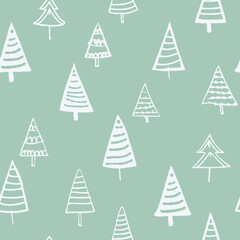 Obraz premium Seamless pattern vector illustration of pines and christmas trees, cute pastel minimalist backdrop ornament for fabric, clothes, textile, package, present, card, banner decoration