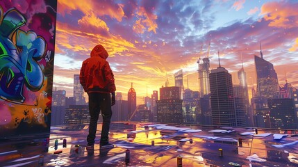A graffiti artist in action on an urban rooftop, vibrant mural blending elements of impressionism and futurism, city skyline in the background under a dawn sky, 3D CG rendering