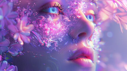 A close-up of a womans face, her skin merging with vibrant, twilight-tinted floral elements. Generative AI