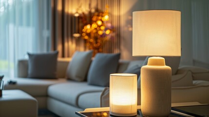 Modern living space, detailed view of stylish accent lamps, luxurious and creative designs, soft lighting