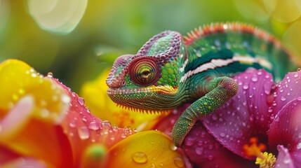 Vibrant Chameleon on Colorful Flower