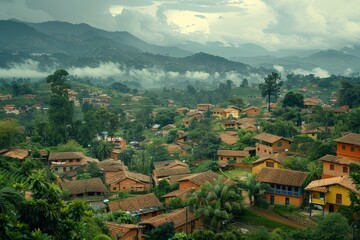 Obraz premium Scenic Village in Lush Green Hills