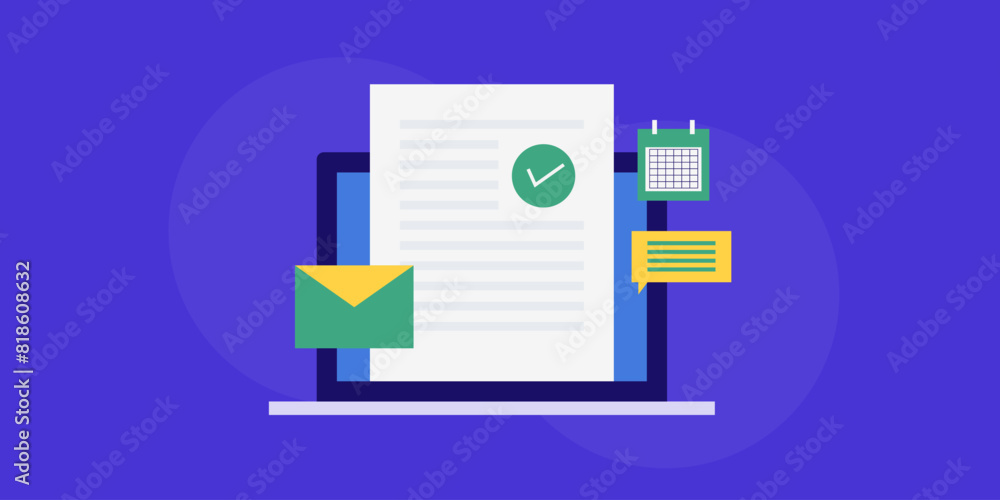 Poster email message communication, chat conversation and calendar send newsletter software on laptop scree