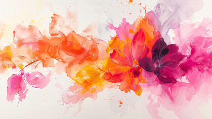 A bright and energetic abstract watercolor on canvas with vivid pinks and oranges creating a sense of movement