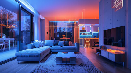 A contemporary living room and dining area is illuminated by striking neon blue and orange lights, creating a futuristic and cozy ambiance during the evening. Generative AI