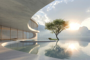Fototapeta premium Modern buildings by the lake. Empty architectural background. 