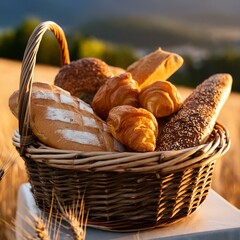 bread in basket,A rustic woven basket overflows with freshly baked pastries and bread
