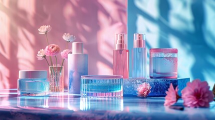 A table with a variety of beauty products, including a bottle of perfume