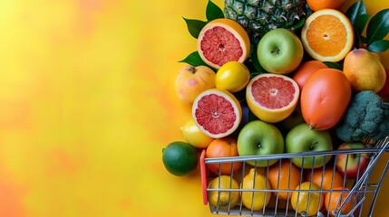 A shopping cart filled with colorful fruits serves as the background image, Generated by AI