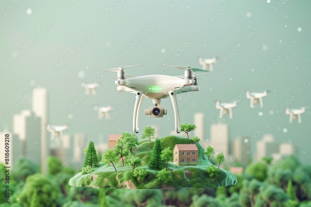 Poster using farm technology and drones for efficient pesticide spraying in sustainable farming and precisi