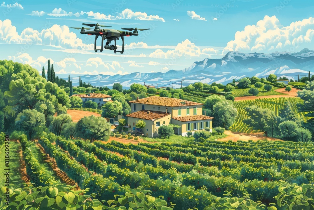 Poster efficient pesticide spraying with drones in sustainable farming using farm technology for precision 