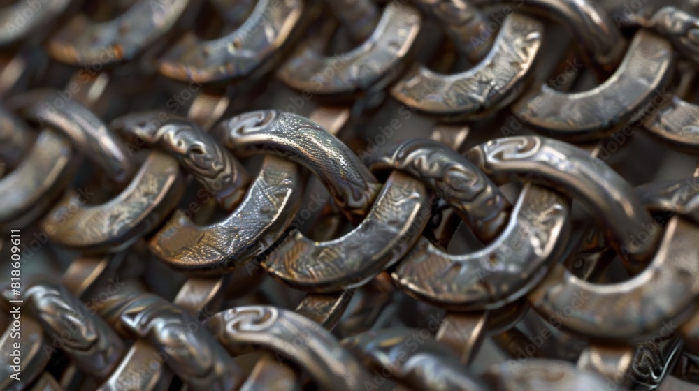 Poster macro detail of interlinked metallic chain pattern. industrial background concept